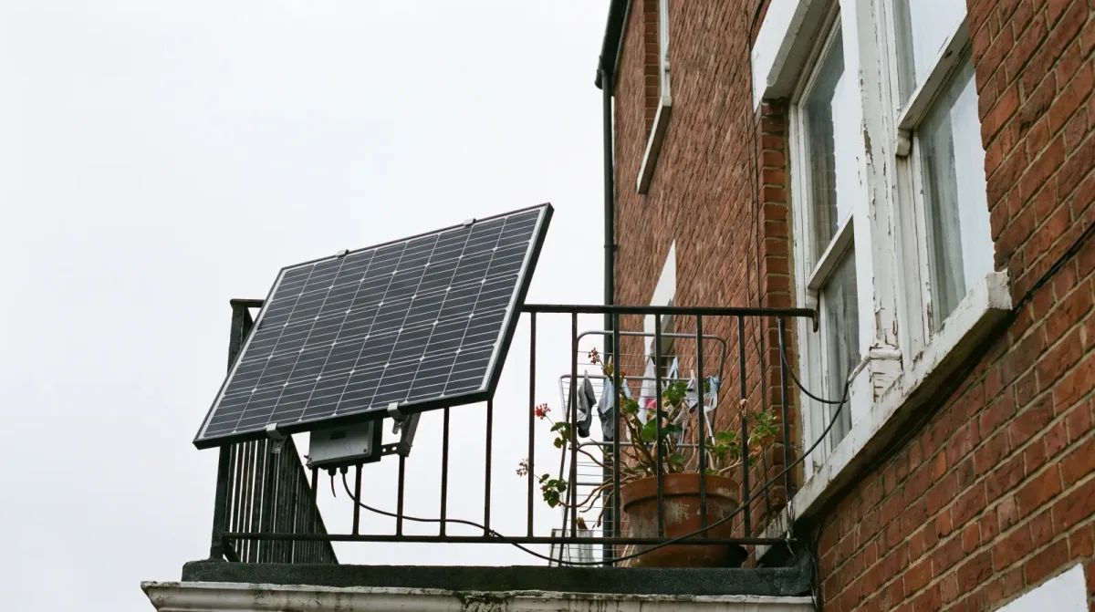 A solar panel mounted on the metal railing of a first-floor balcony on a British red-brick building, its cable running along the railing towards a window, under an overcast grey sky.
