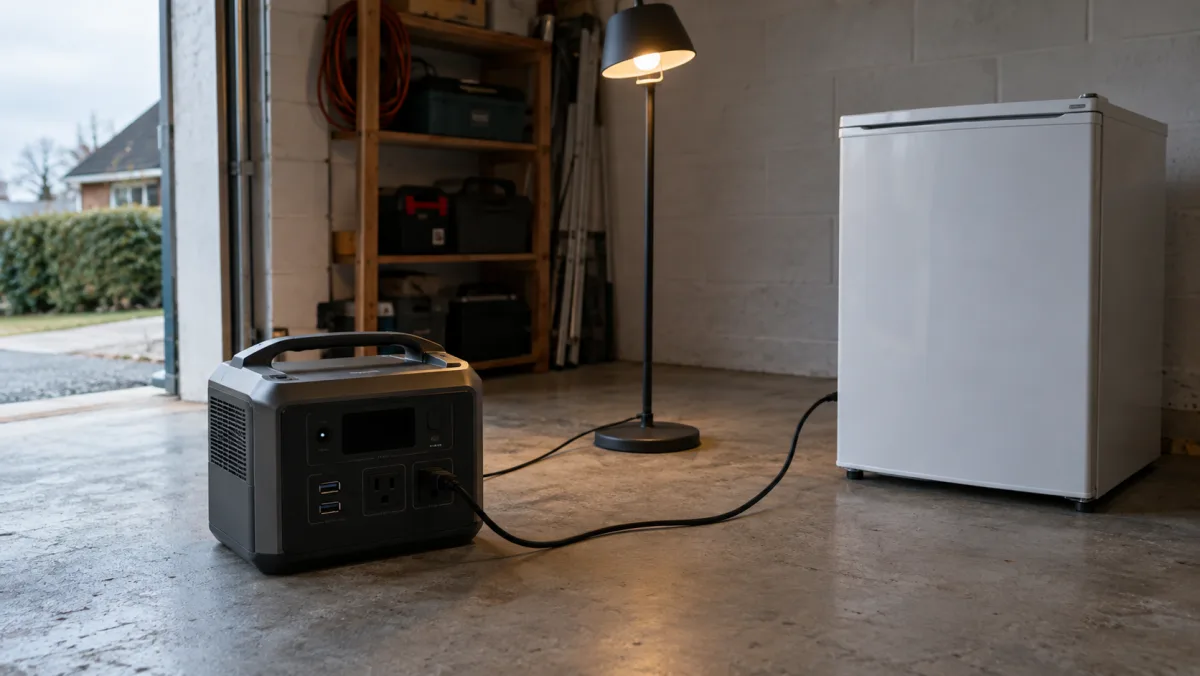 A mid-sized portable power station on a garage floor with a cable running to a lamp and a small fridge.