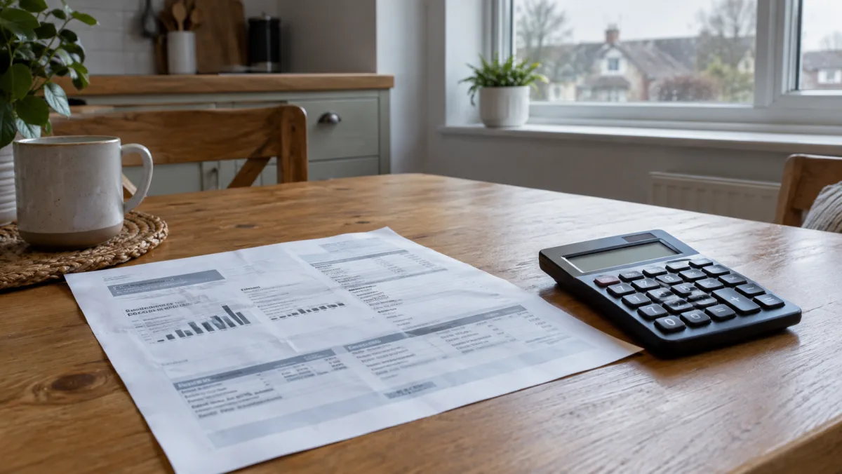 A printed household electricity bill and a calculator on a kitchen table in morning light.