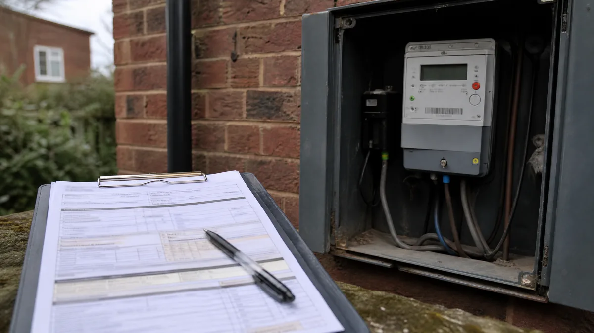 A printed connection form on a clipboard beside an electricity meter cabinet on an exterior brick wall, a pen resting on the page.