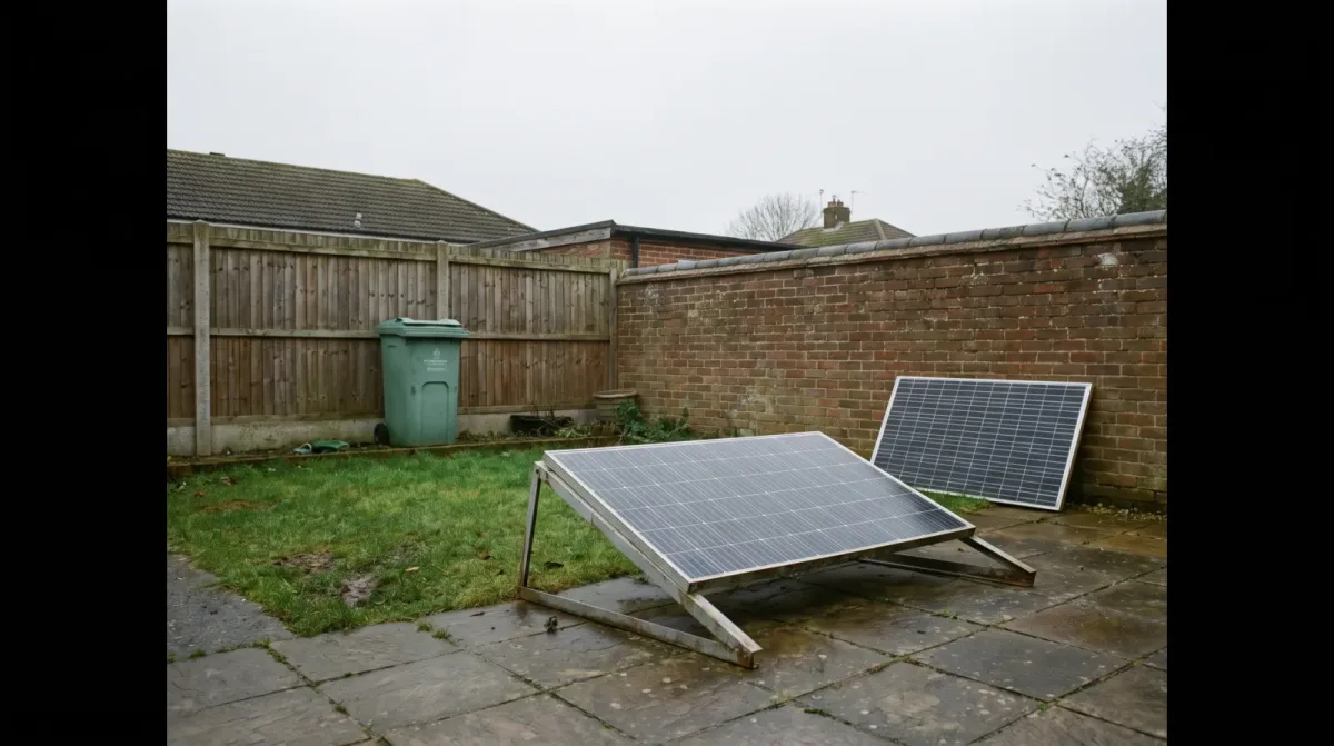 Two solar panels in a small British back garden, one propped at an angle on a metal frame and one lying flat against a low brick wall, under an overcast grey sky.