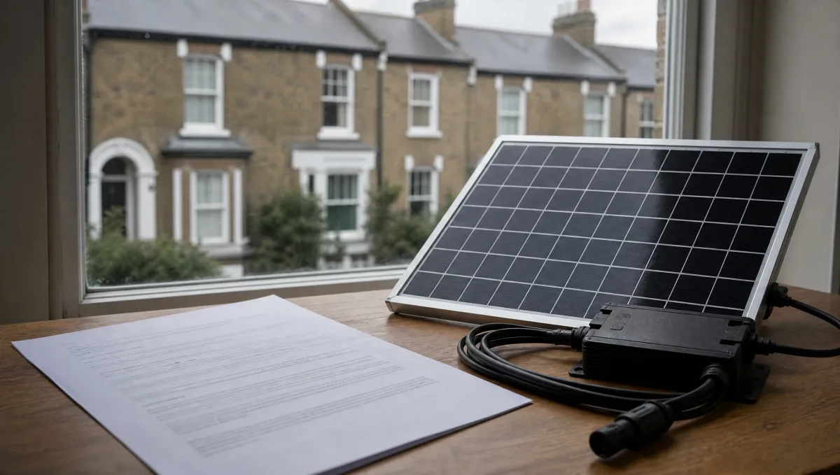 A tenancy agreement document on a table next to a small plug-in solar panel and its cable, with a British terraced house visible through a window behind.