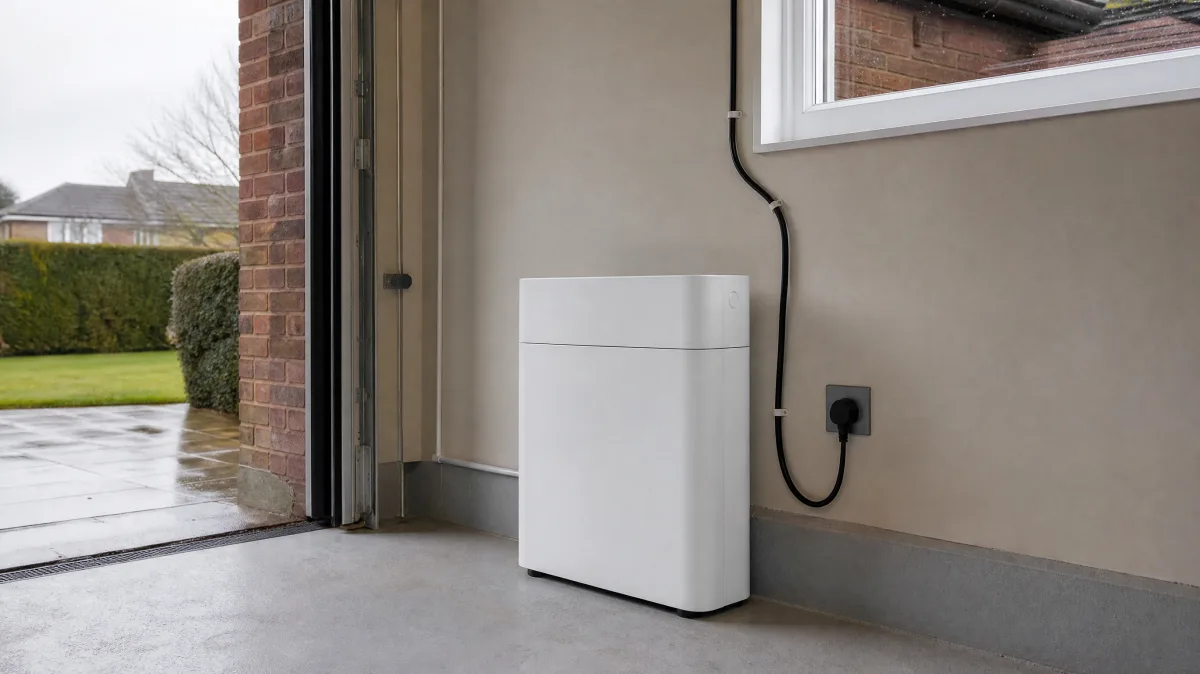 A compact white home battery unit on a garage floor next to a wall socket, with a cable running up towards a window.