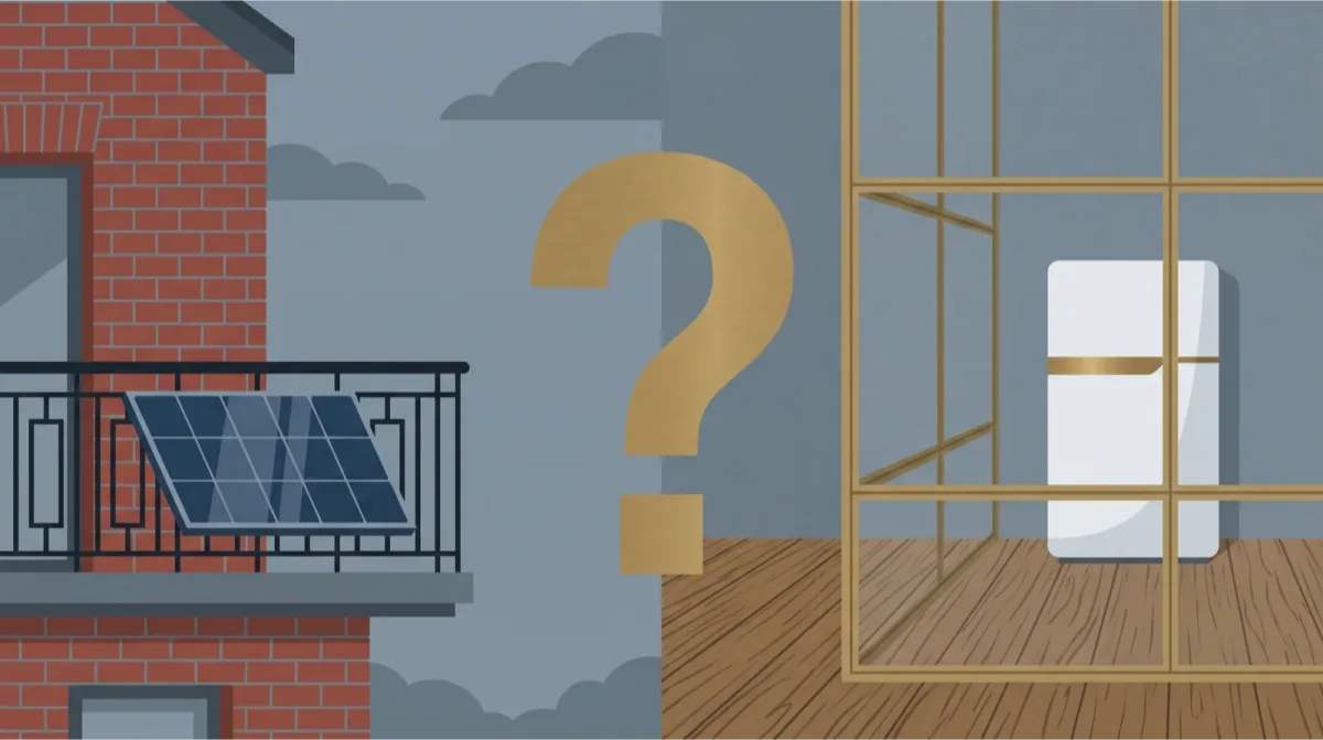 A solar panel on a British balcony railing with a home battery unit standing beside it indoors, a question mark shape hovering between them, under a grey sky.