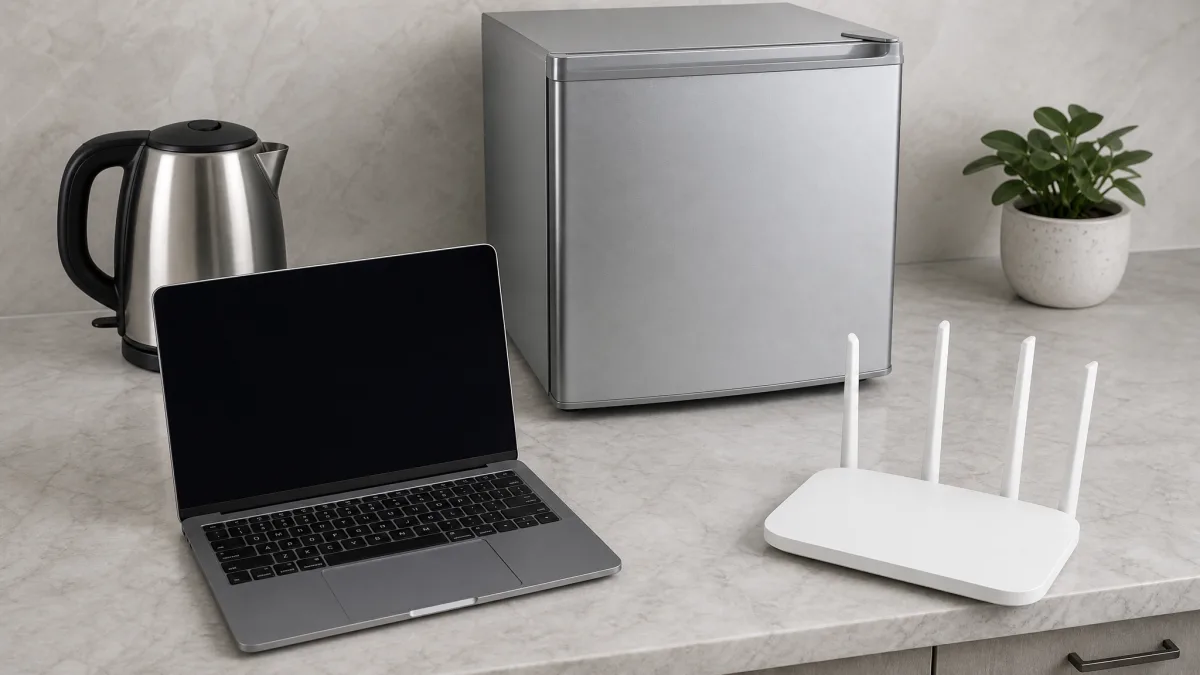 A kitchen counter with a kettle, a small fridge, a laptop and a WiFi router laid out together, morning light from a window.